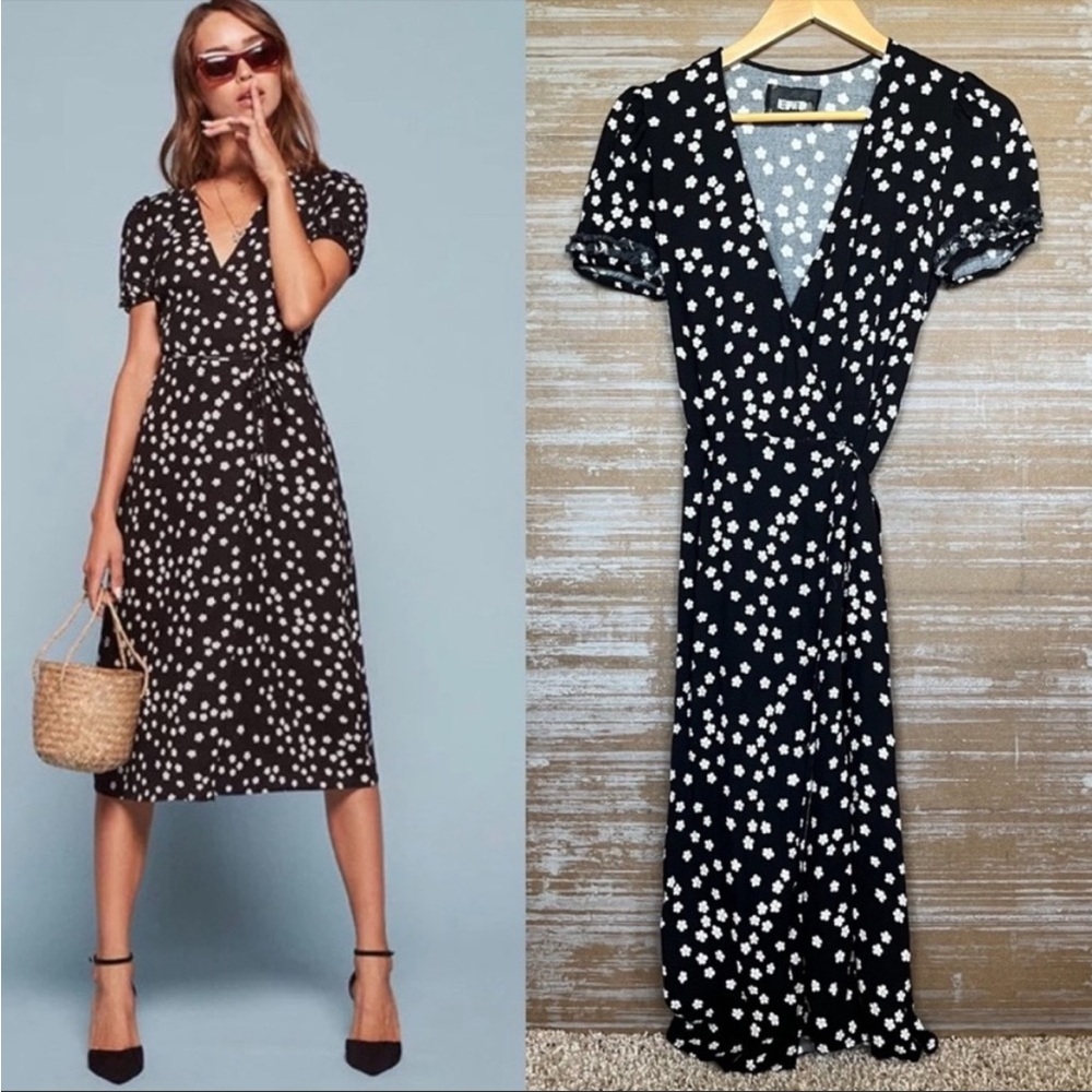 Reformation Addy Wrap Midi Dress Garden Floral Black White Womens S
